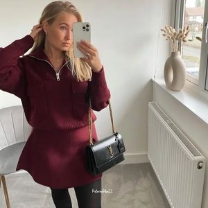 Zara Burgundy Wool Blend Knit Zip Sweater